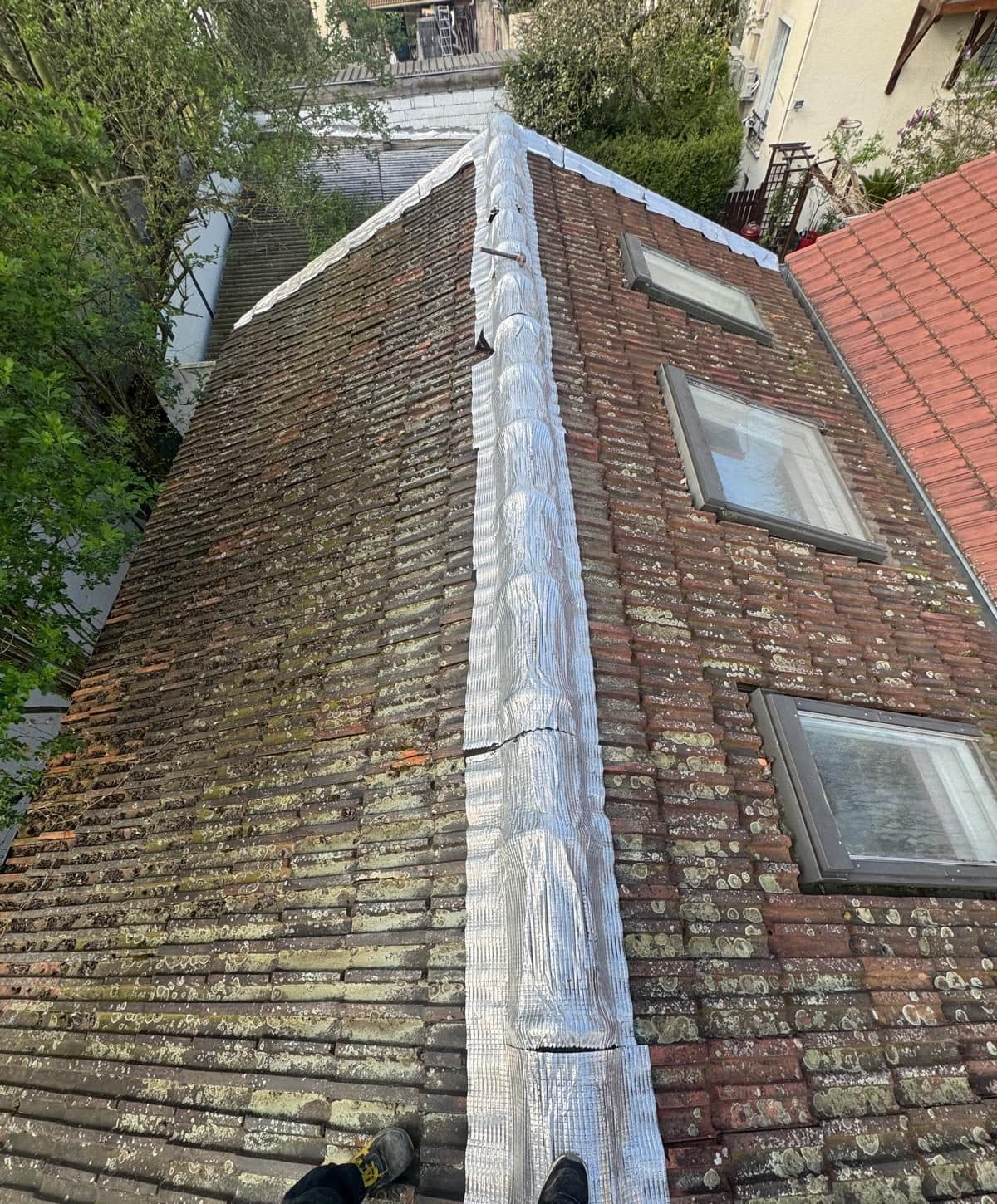 Toiture en tuiles couverte de lichen avec trois fenêtres de toit, avant réfection