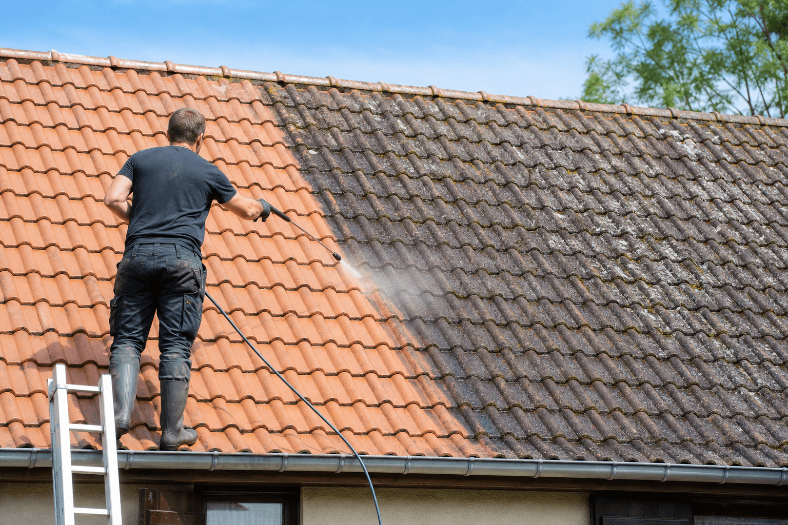 Démoussage de toiture dans le Loir-et-Cher avec traitement anti-mousse et hydrofuge sur tuiles