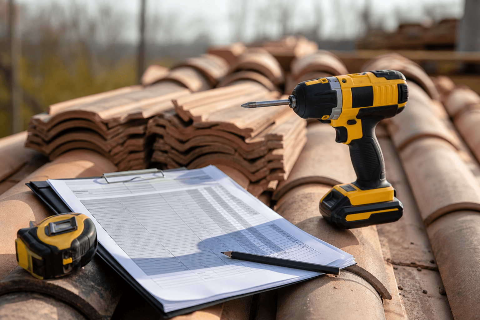 Devis de travaux de toiture dans le Loir-et-Cher avec outils de couvreur et tuiles de chantier