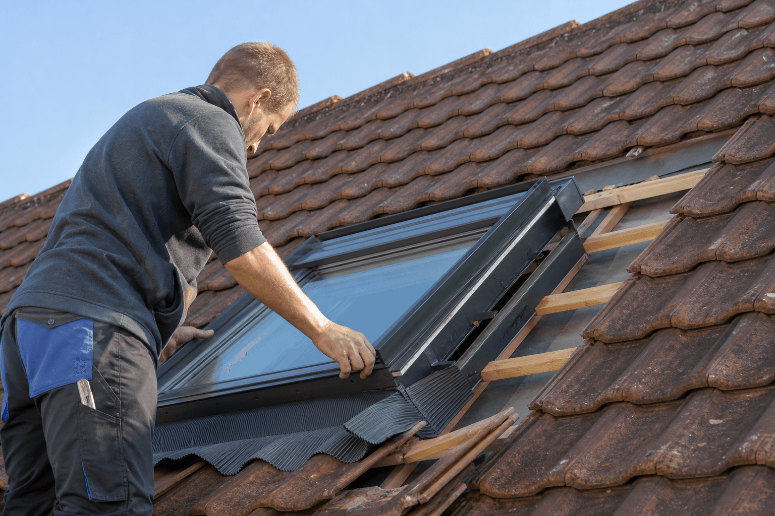 Pose de fenêtre de toit type Velux dans le Loir-et-Cher avec raccords d'étanchéité sur toiture en tuiles