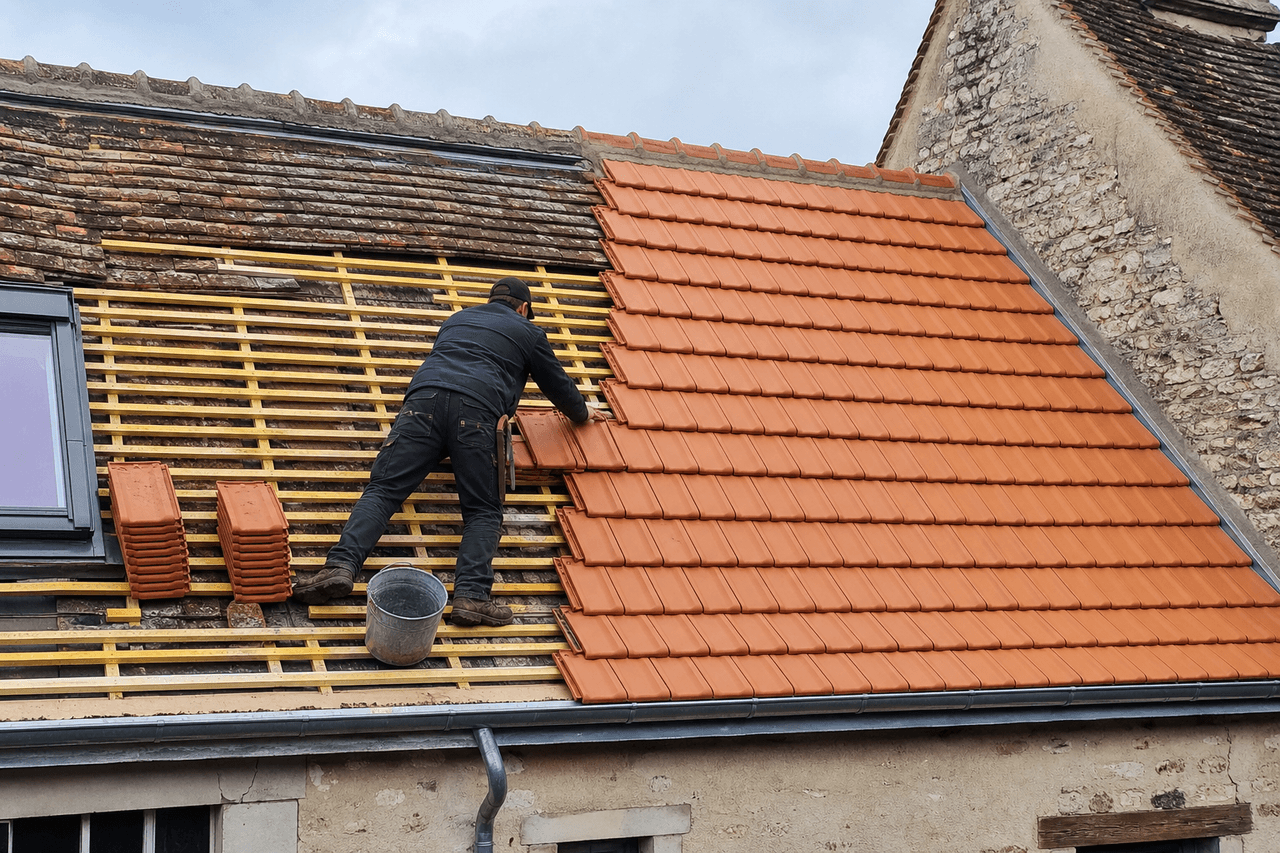 Rénovation de toiture dans le Loir-et-Cher avec réfection de tuiles terre cuite sur maison ancienne