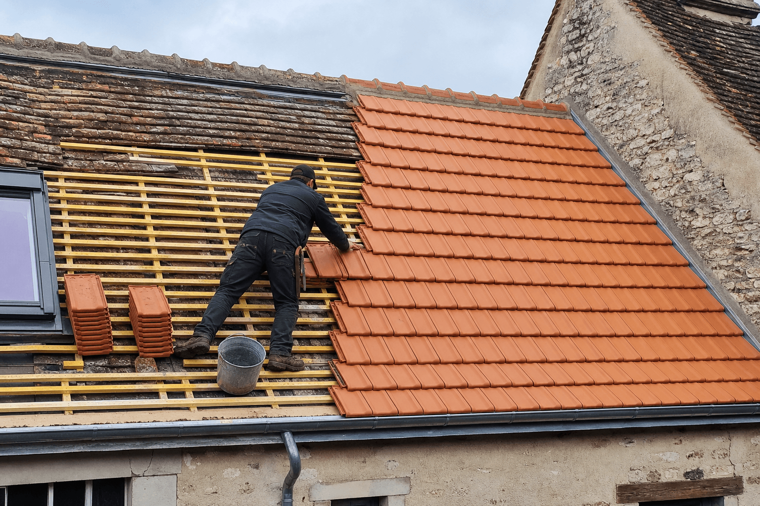 Rénovation de toiture dans le Loir-et-Cher avec réfection de tuiles terre cuite sur maison ancienne