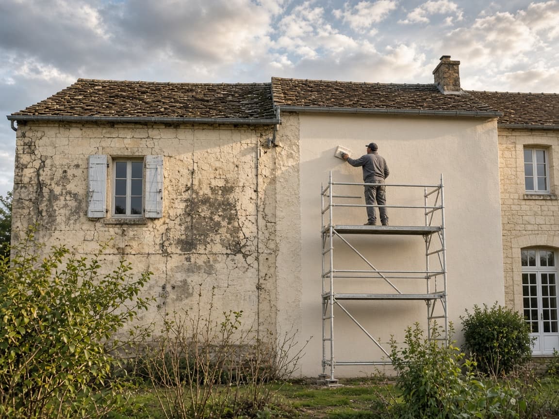 Ravalement de façade en cours sur une maison ancienne du Loir-et-Cher : enduit rénové et échafaudage
